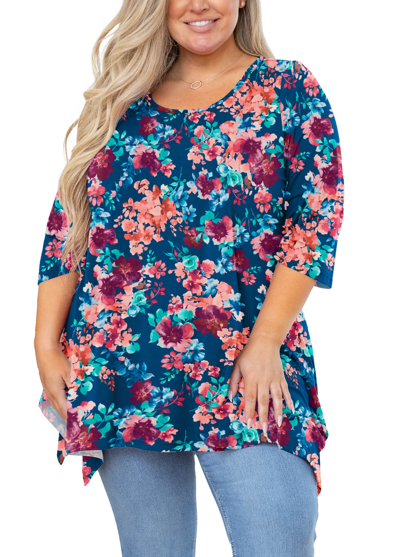 SHOWMALL Hauts Grande Taille pour Femmes Tunique Manches 3/4 Vêtements Roses Colorées 1X Blouse Tunique Évasée Vêtements Fente Latérale Col Rond Chemise Fluide pour Leggings