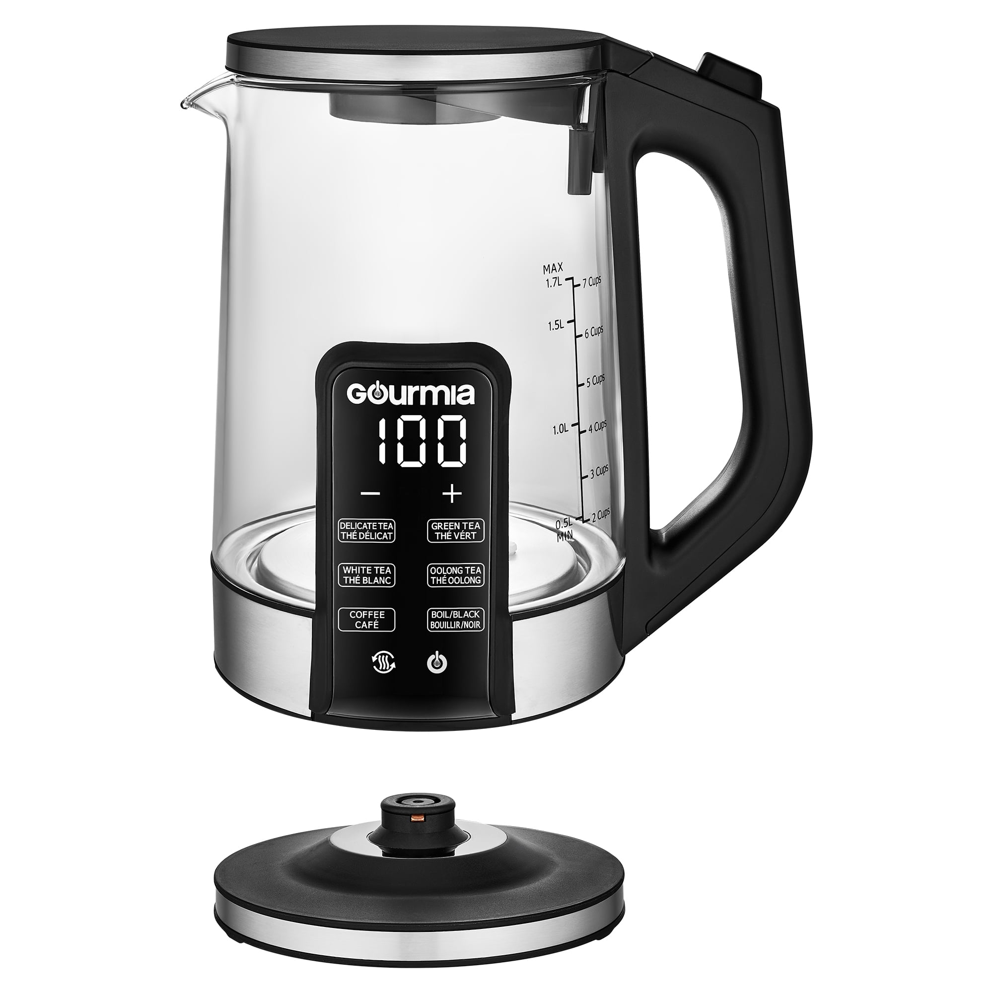 Bouilloire électrique programmable en verre et sans fil de 1,7 litre de Gourmia