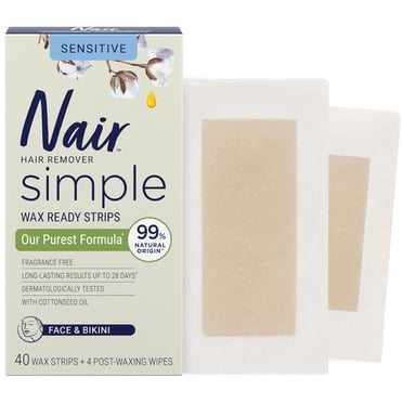 Nair Simple Wax Strips for Face & Bikini, with Cotton Seed Oil for Sensitive Skin, Dematologically Tested, 40 Wax Strips + 4 Post-Waxing Wipes