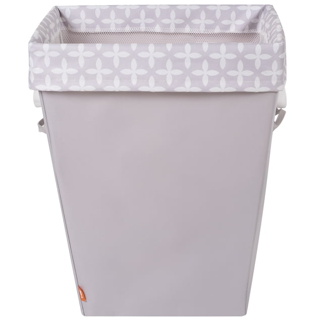 neatfreak!® Laundry Hamper with Removable Bag in grey, lightweight and extra-large with a tall rectangular shape, patterned fabric liner folded over the top, side handles for transport, and a removable mesh laundry bag with Everfresh natural odor control technology.