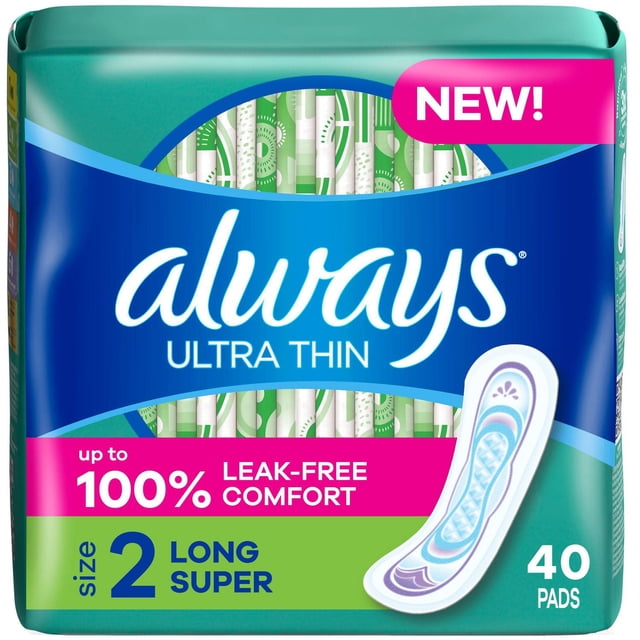 Always Ultra Thin Feminine Pads without Wings for Women, Size 2, Long Super Absorbency, Unscented, pack of 40 with green patterned wrappers, featuring RapidDRY, LeakGUARD, and OdorLOCK technologies for up to 8 hours of leak-free comfort and freshness.