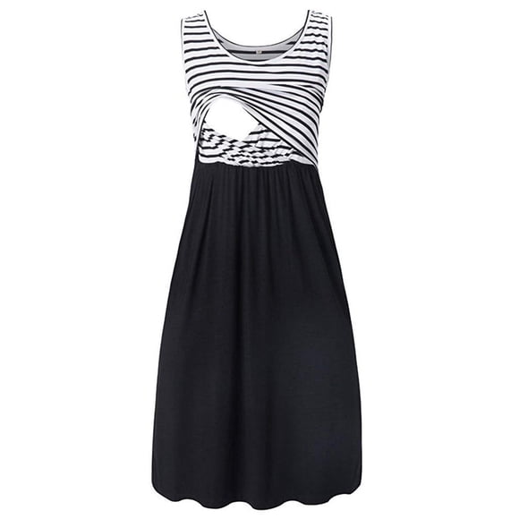 Robe Débardeur Sans Manches à Rayures Imprimées pour Femmes Enceintes Allaitement Été Vêtements de Nuit de Maternité