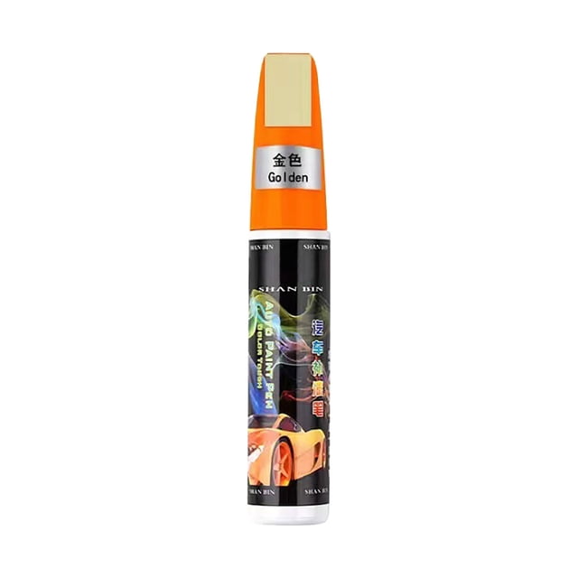 Gold 2-In-1 Car Scratch Repair Pen, 12ml touch-up paint for vehicles with a metal tip and brush included. Designed for repairing auto body scratches, it features a fast-drying formula and universal color matching for all cars. The pen, shown with an orange cap and black body, is suitable for precise application on car surfaces and may also be used for minor touch-ups on leather or suede items.