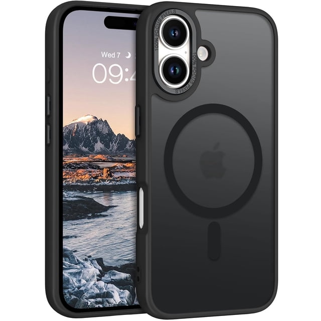 PST iPhone 16 Plus Case, Hybrid Silicone Matte Back Cover with Magnetic (MagSafe Compatible). The case features a semi-transparent matte black finish with a built-in magnetic ring for MagSafe compatibility. It offers military-grade drop protection with precise cutouts for buttons and ports. The anti-fingerprint surface ensures a clean appearance. Shown on an iPhone 16 Plus with a mountain landscape wallpaper.
