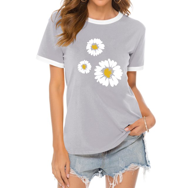 Women Floral Daisy Print Color Block Short Sleeve Crew Neck Summer Tee Shirt