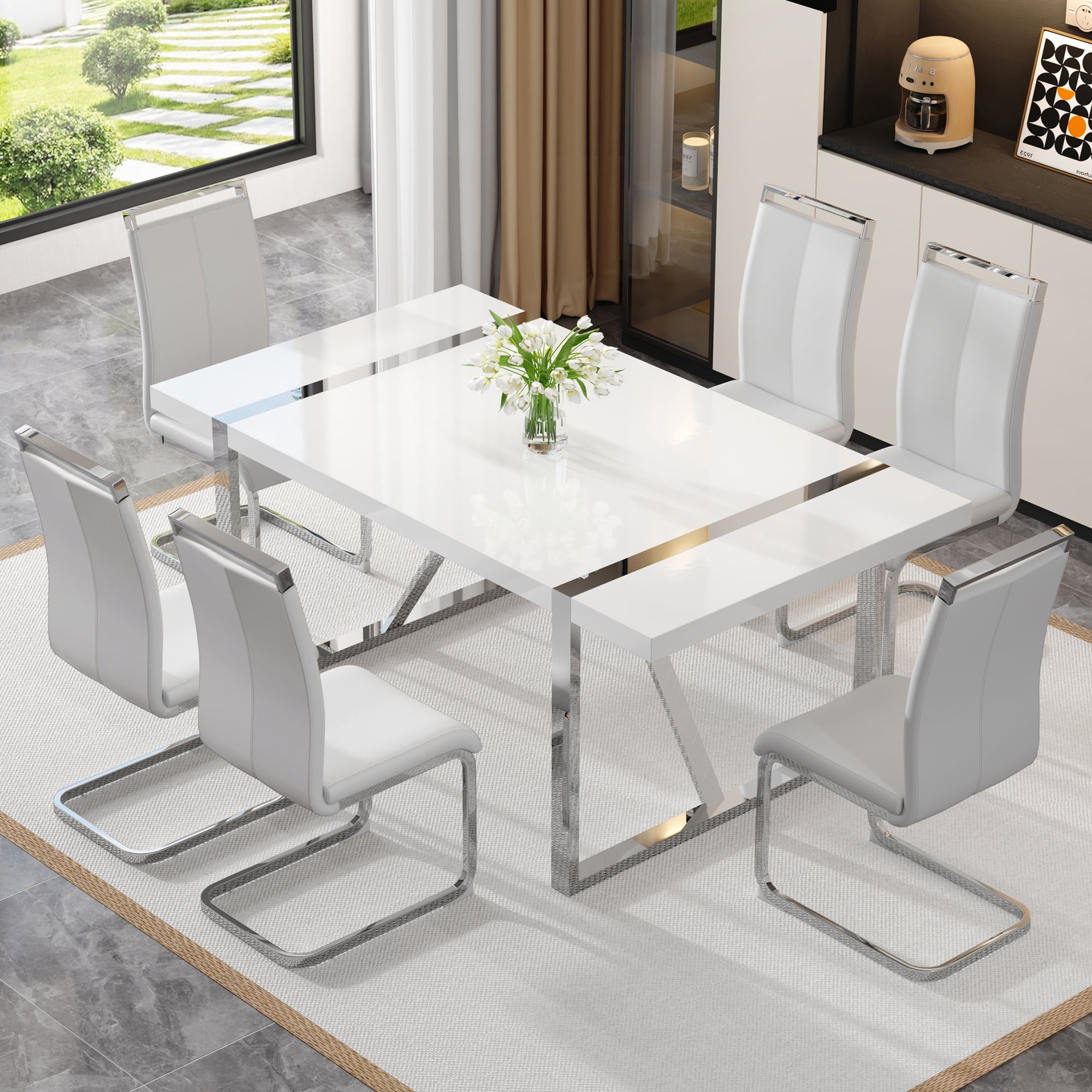 Noble House Industrial Rectangular Dining Table,2.3" Thick Wood Grain White MDF Top with Silver Metal Legs,White/Silver