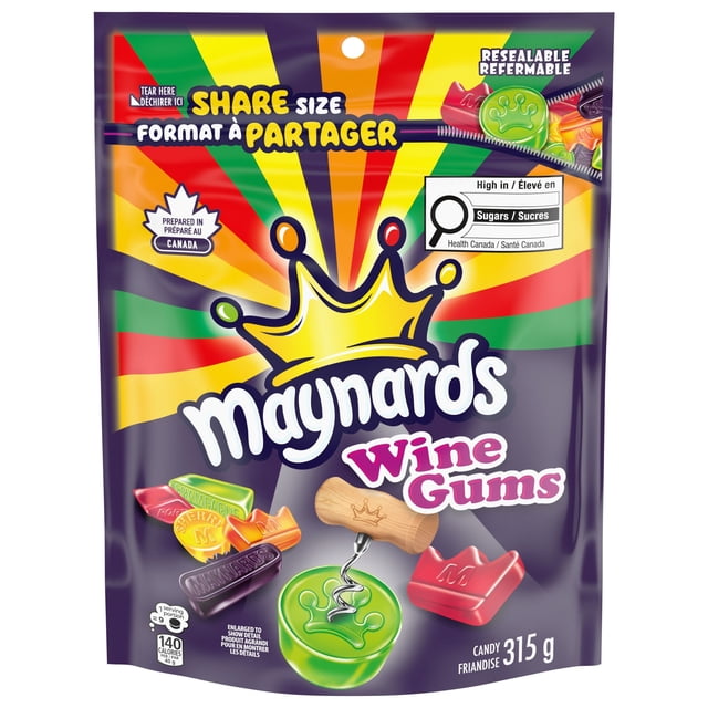Maynards Wine Gums Candy Format à Partager 315 g Sac Refermable Comprenant une Assortiment de Bonbons Gélifiés Colorés en Forme de Couronnes et de pastilles, Étiquetés Riches en Sucres et Préparés au Canada, Convenant au Partage et aux Collations.