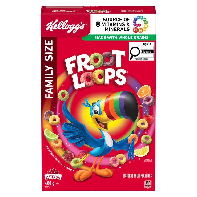Kellogg's Froot Loops Cereal Family Size 480g box showing colorful fruit-flavored cereal rings and the toucan mascot with a rainbow beak on a red background, highlighting whole grains, source of 8 vitamins and minerals, natural fruit flavours, and made in Canada.