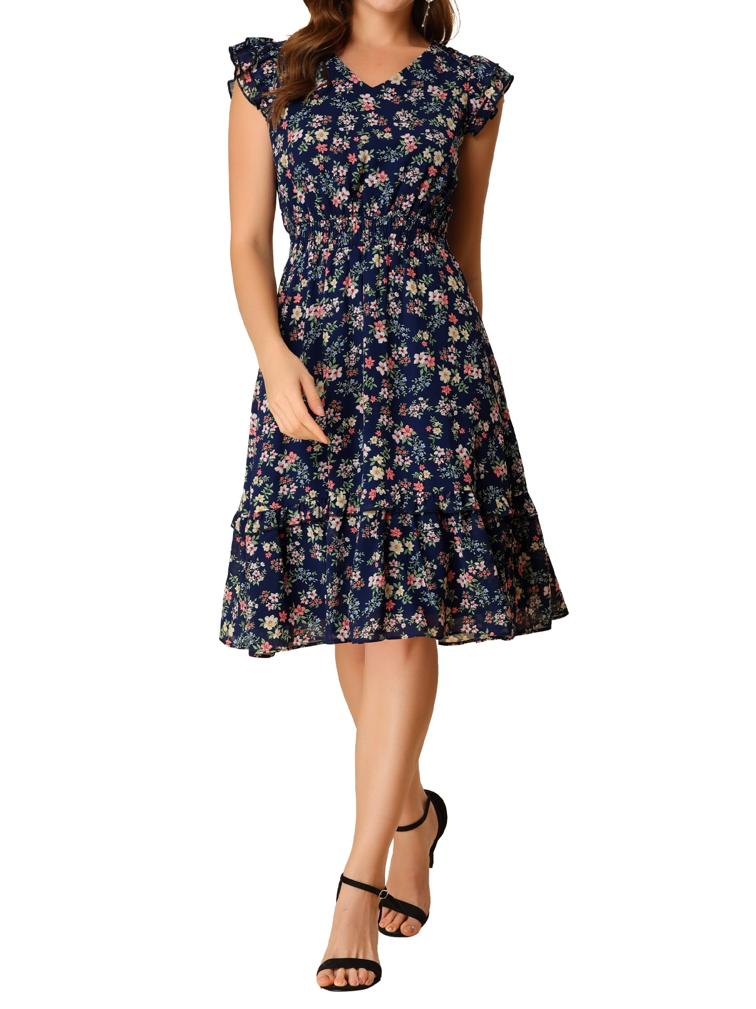 INSPIRE CHIC Women's Dress Floral Flutter Sleeves V Neck Casual Smocked Ruffle Dresses L Navy