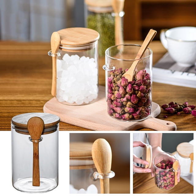 Dvkptbk Pot d'Assaisonnement Pot d'Assaisonnement en Verre Pot de Rangement Circulaire de Cuisine Pot à Sucre Pot d'Assaisonnement Alimentaire Pot de Rangement Pot à Thé avec Cuillère Pot Scellé Kitchen Essentials