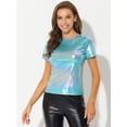 thumbnail image 3 of INSPIRE CHIC Women's Party Metallic Textured Short Sleeve Shiny Multicolor Top Medium Blue Shiny, 3 of 5