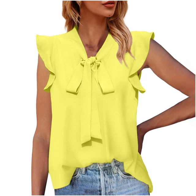 Dealovy Work Tank Tops for Women Cap Sleeve Ruffle V Neck Lace up Dressy Casual Solid Color Blouses