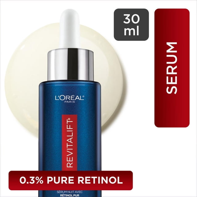 L’Oreal Paris Retinol Serum for Face, 30 mL, in a blue glass dropper bottle with silver collar and white rubber top, labeled Revitalift, shown with a creamy serum background and text highlighting 0.3% pure retinol concentration and serum format for anti-aging skin care.