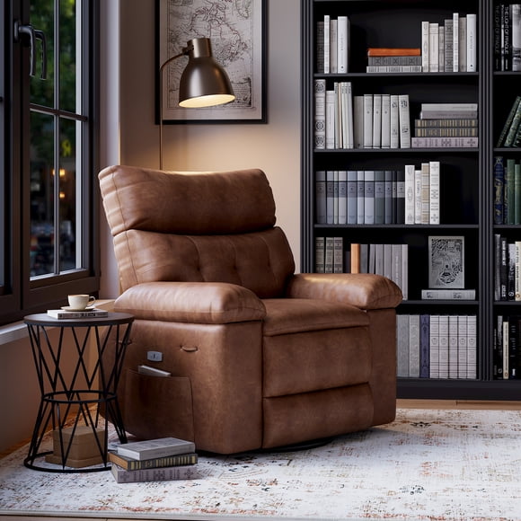 GOGRANT Oversized Recliner Rocking Chair with Massage & Heat, 360° Swivel Manual Recliner with Remote Control, PU Leather Lounge Chair with Cup Holders for Living Room Nursery