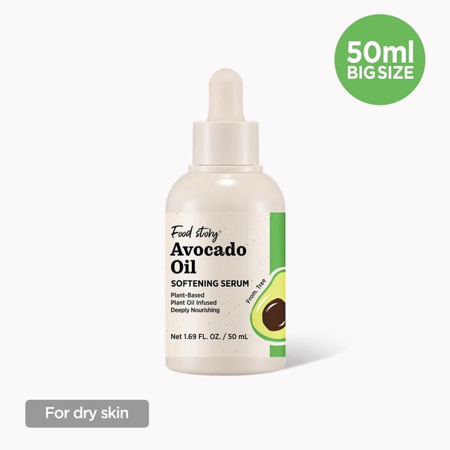 Food Story Avocado Oil Softening Serum in a 50 mL beige dropper bottle with green avocado graphic, highlighting plant-based, deeply nourishing formula ideal for dry skin care.