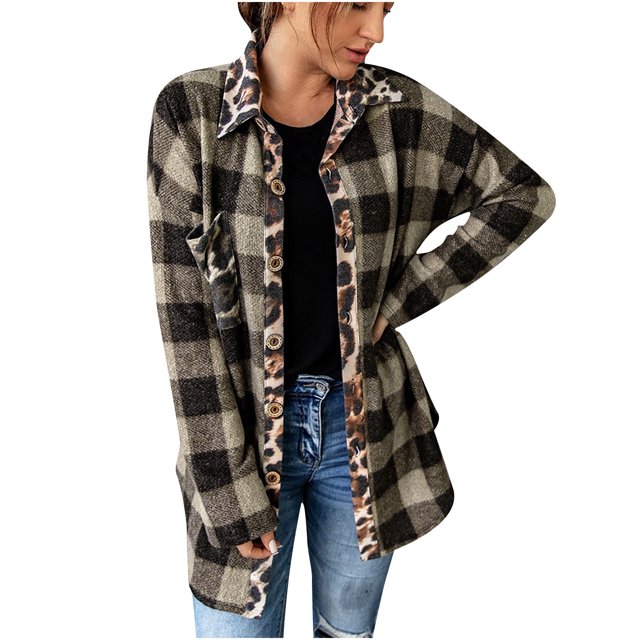 Veste à Imprimé Léopard pour Dames, Veste Chemise à Manches Longues à Carreaux Contrastées