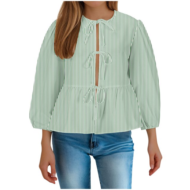 Birdeem Blouse pour Femmes Chemise à Manches Longues Rayée Décontractée avec Cordon de Serrage et Manches Bouffantes