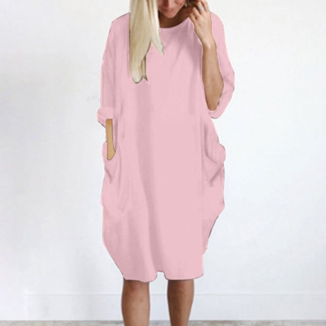 LSLJS Womens Pocket Loose Dress Ladies Neck Casual Long Tops Dress Plus Size
