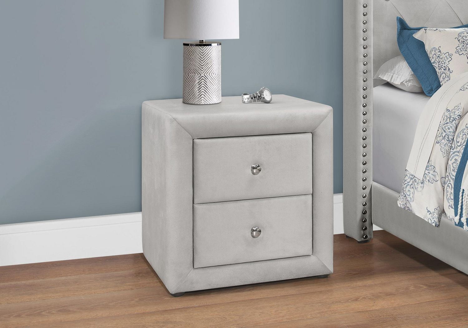 Monarch Specialties Accessoire De Chambre, Table De Nuit, Bout, Côté, Lampe, Tiroir De Rangement, Chambre À Coucher, Rembourré, Velours, Gris, Transitionnel