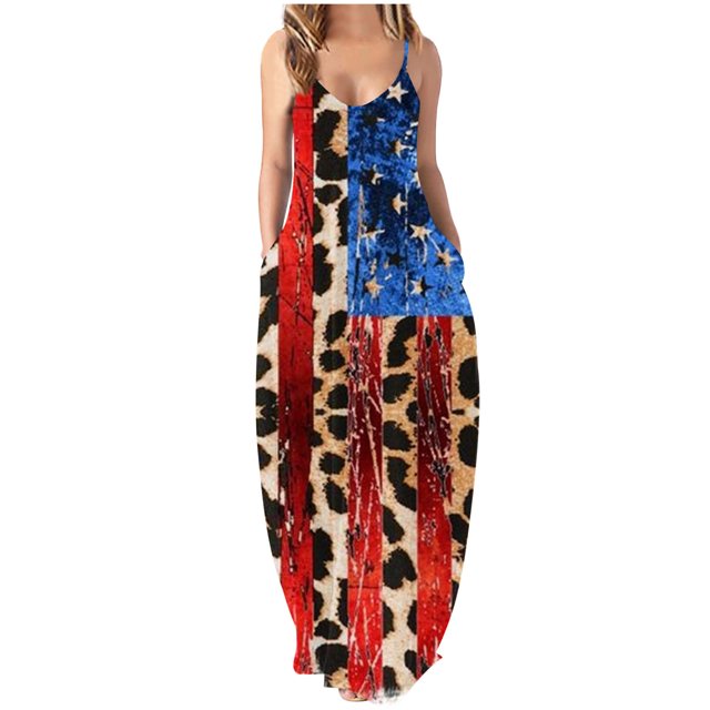 Robe Sans Manches à Bretelles en V pour Femmes avec Poches Longues Imprimé Jour de l'Indépendance