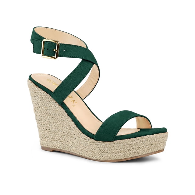 BLISSFUL STEP Chaussures pour Femmes Sandales Espadrilles à Talon Compensé Slingback à Brides Croisées Vert 7