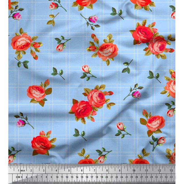 Soimoi Rayon Fabric Check,Leaves & Rose Flower Fabric Prints by Yard 56 Inch Wide