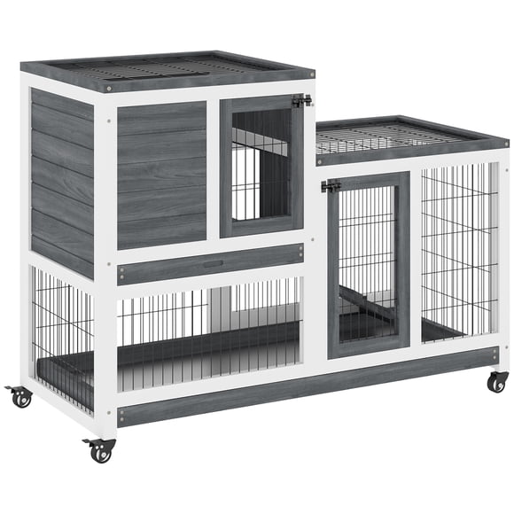 PawHut Rabbit Hutch, Indoor Bunny Cage with Wheels, Run, Tray, Grey