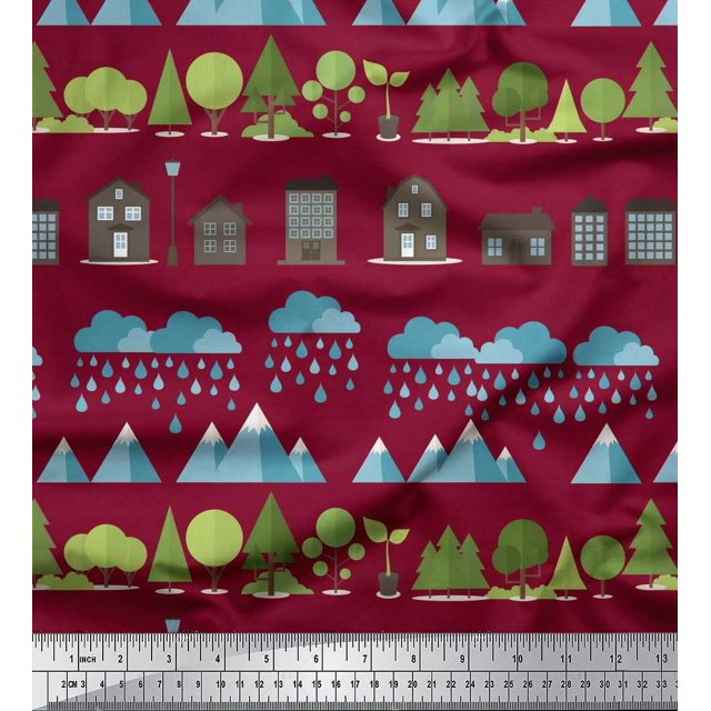 Soimoi Rayon Fabric Tree,House & Raindrop Nature Printed Fabric 1 Yard 56 Inch Wide
