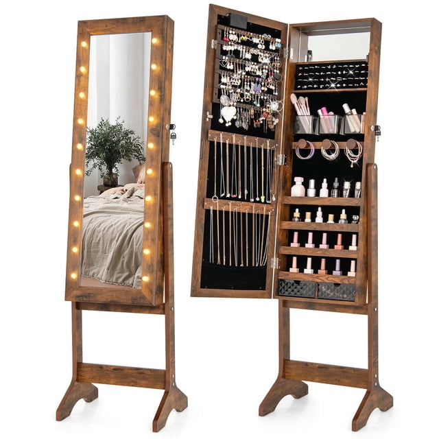 Costway Armoire à Bijoux avec Miroir LED et 20 Lumières LED Miroir Pleine Longueur Angles Réglables Marron