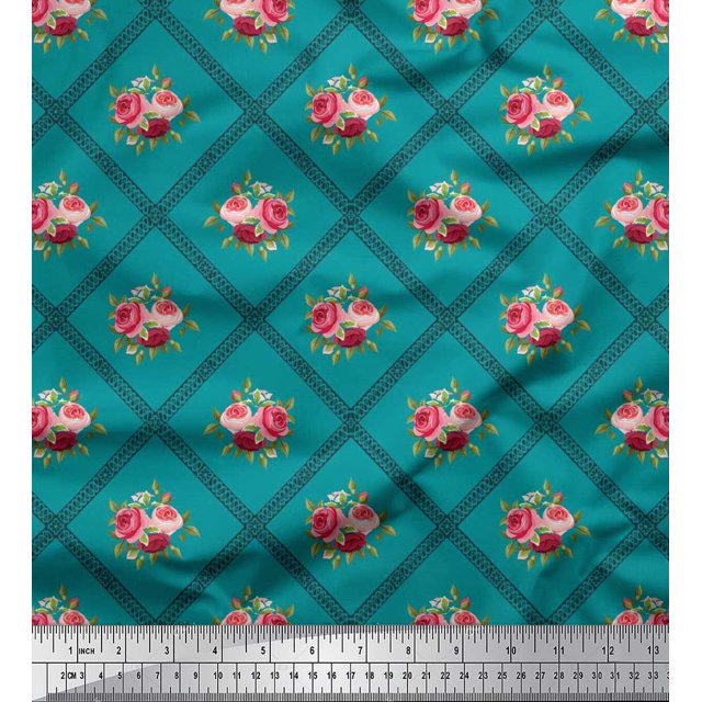 Soimoi polyester Crepe Fabric Check,Leaves & Rose Floral Print Fabric by the Yard 42 Inch Wide