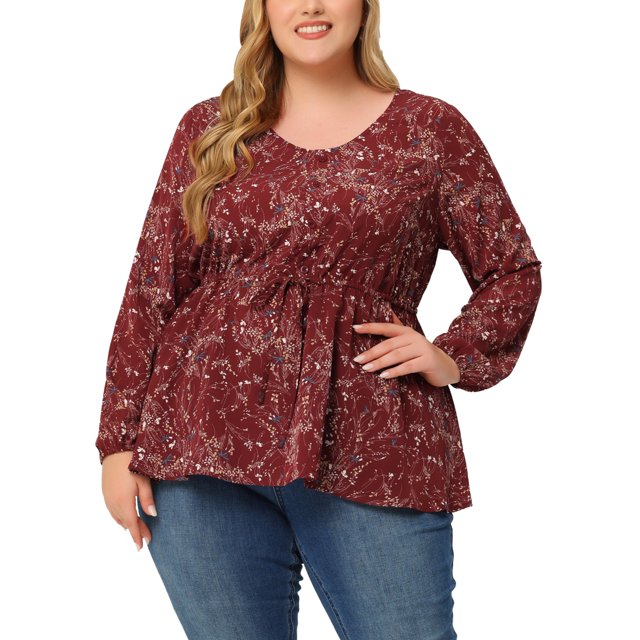GRACE & GRANDEUR Blouses Grande Taille pour Femmes Col en V Boutonné à Volants Tunique Fluide à Basque Hauts 4X Rouge