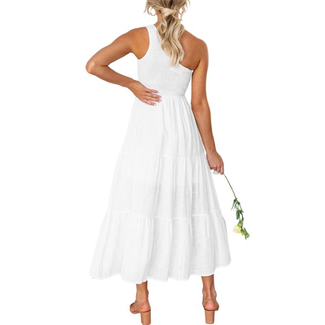 Robe Longue Femme Décontractée Plissée Midi Fête Danse Plage Vacances Bureau Ados Mode Été Blanc TG