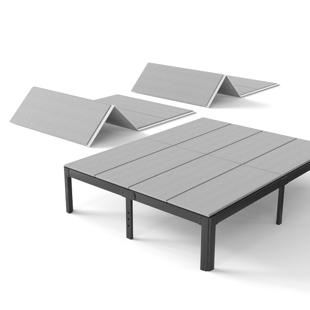 ULIESC Planche Superposée 8 mm Format Très Grand, Entièrement Assemblée et Profil Bas, Présentée en Fini Gris. l'Image Affiche le design à Panneaux Divisés, avec des sections Pliées et Dépliées, Placée sur un Cadre de Lit. Fabriquée en Polypropylène Haute Densité, Offre un Soutien Renforcé jusqu'à 1000 Lb, Répartition Uniforme du Poids pour Améliorer la Durée de Vie du Matelas. Compatible avec les Lits Plateforme, les Lits Superposés et les Cadres Ajustables.