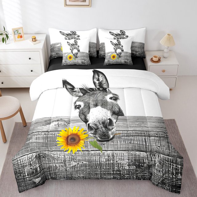 YST Farmhouse Donkey Comforter Set, 7-Piece, Grey and White, Twin