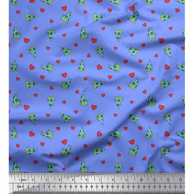 Soimoi Poly Georgette Fabric Heart & Pizza Slice Food Print Fabric by The Yard 52 Inch Wide