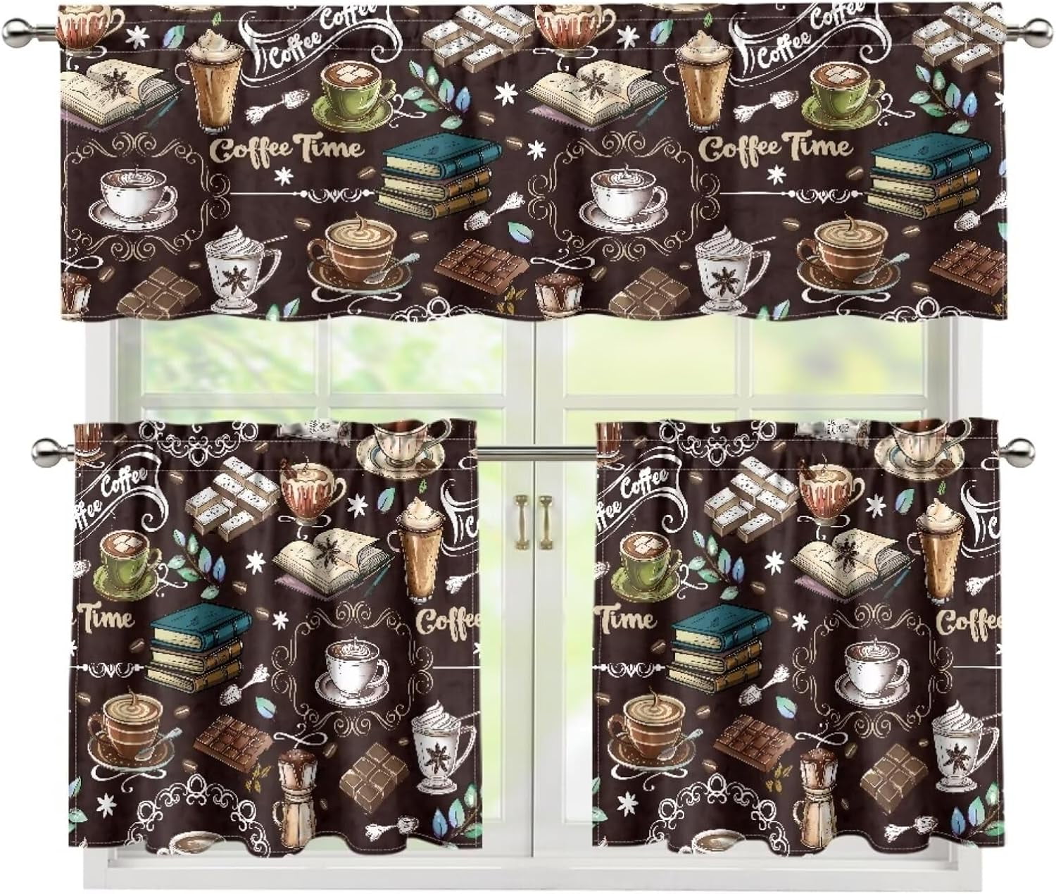 Brown Coffee Kitchen Curtain Valance and 36" Tiers Set of 3 Soft Cafe Curtains with Rod Pocket Blackout Drape Window Set for Home Window Fall Decorations,Size S