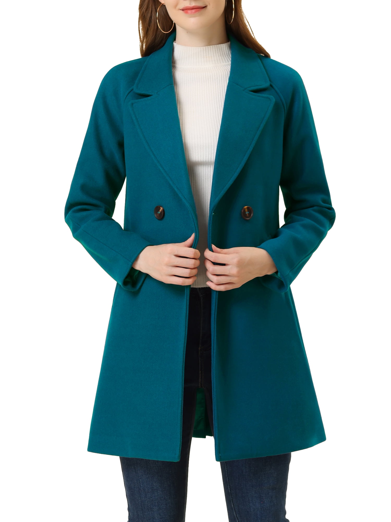 INSPIRE CHIC Women's Double Breasted Lapel Raglan Long Sleeve Mid Length Overcoat M Lake Blue