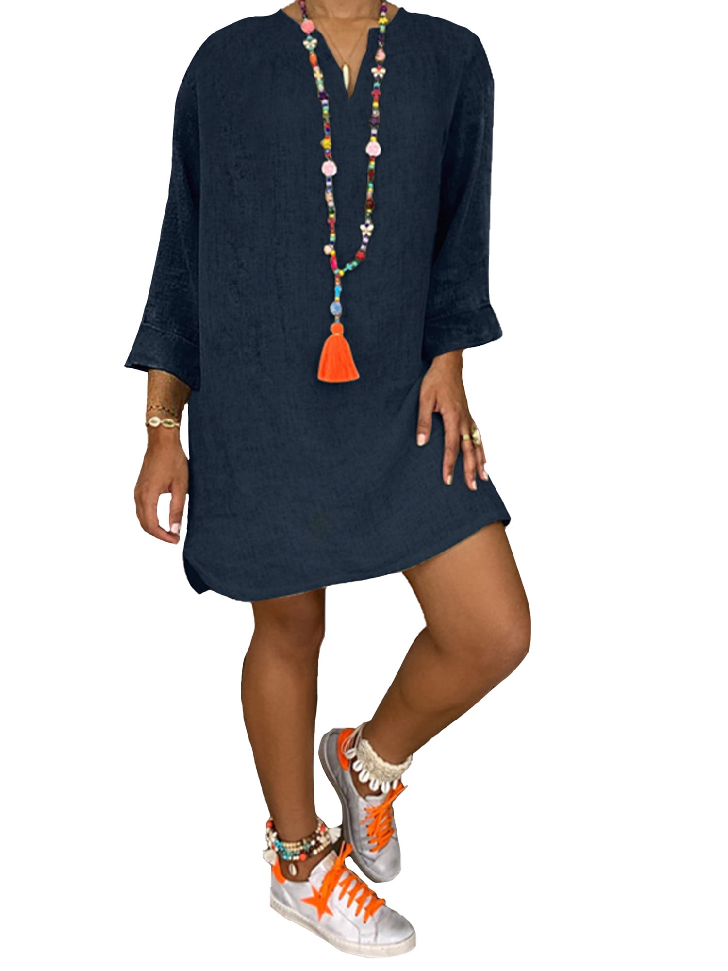 LUXUR Robe Courte pour Femmes à Col en V, Manches Longues, Aguichant, Couleur Unie, Bleu Foncé, L