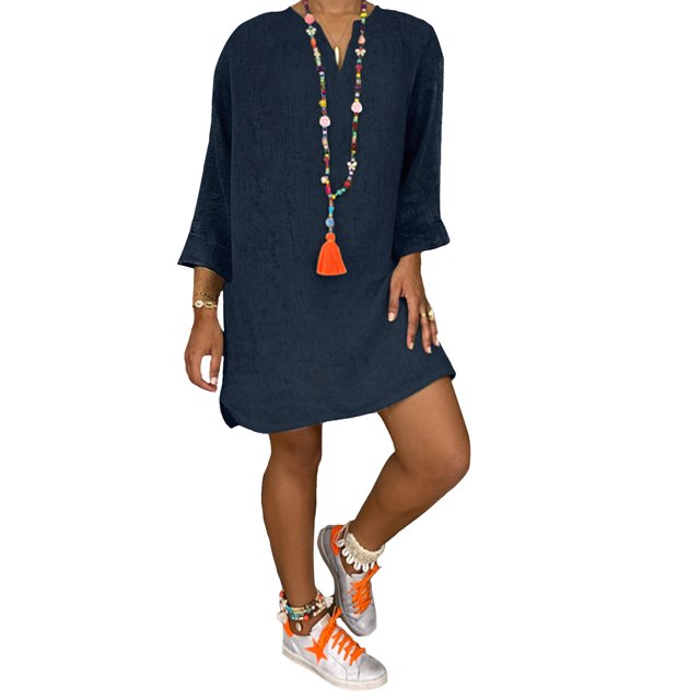 LUXUR Robe Courte pour Femmes à Col en V, Manches Longues, Aguichant, Couleur Unie, Bleu Foncé, TTG