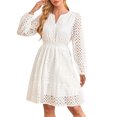 thumbnail image 2 of Gspmoly Robes pour Femmes, Robe à Manches Longues pour Femmes à Col en V Ajourée avec Oeillets Brodés Plissée, Robe à Manches Longues à Col en V Longueur Genou, Robes de Vacances pour Femmes Offres des Fêtes, 2 of 3
