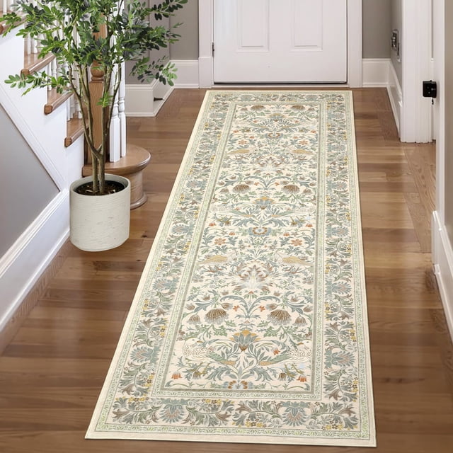 Garvee 2'x6' Floral Animal Print Runner Rug Washable Rugs, Low Pile Stain Resistant Rug Botanical Bird Soft Carpet for Hallway Bedroom Kitchen, Beige