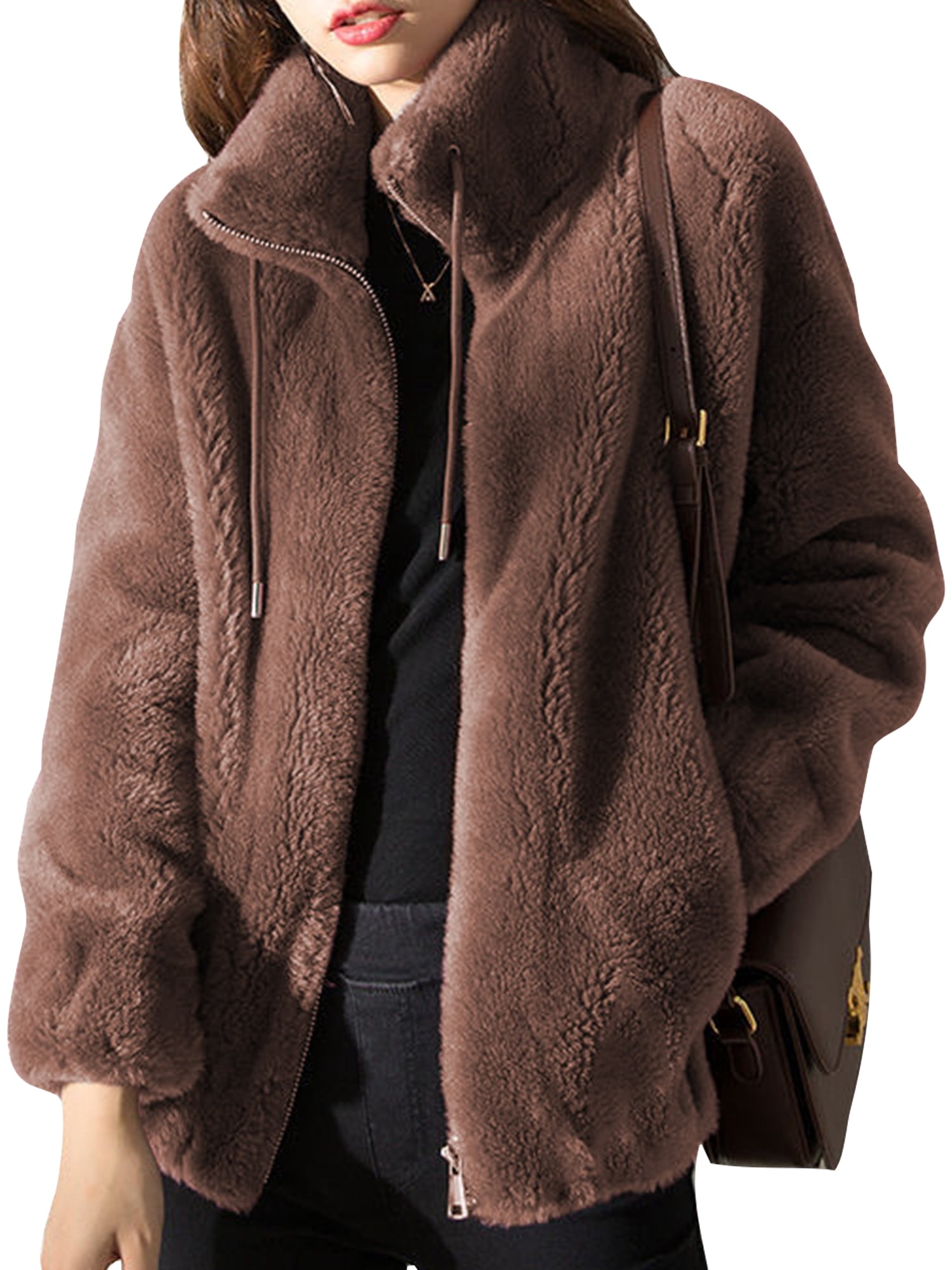 LUXUR Ladies Full Zip Sherpa Jackets Drawstring Holiday Overcoats Brown 2XL