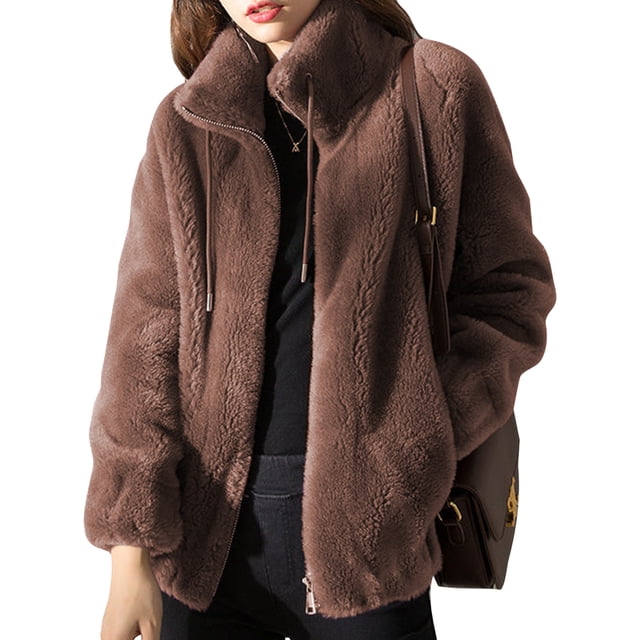 LUXUR Ladies Full Zip Sherpa Jackets Drawstring Holiday Overcoats Brown 2XL