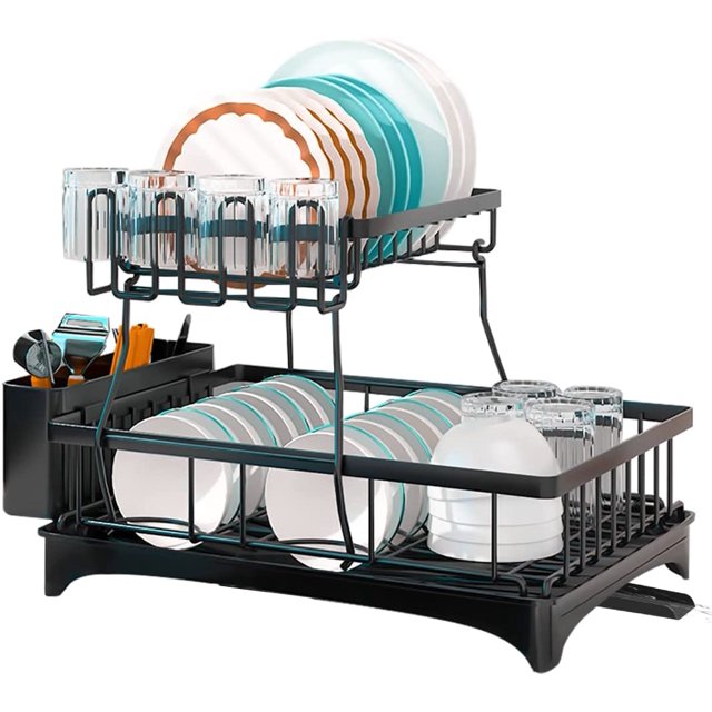 Dish Drying Rack, 2 Tier Dish Rack for Kitchen Counter, Black Stainless Steel Dish Drainers Rack with Drainboard, Large Dish Dryer with Detachable Cup Rack and Utensil Holder…