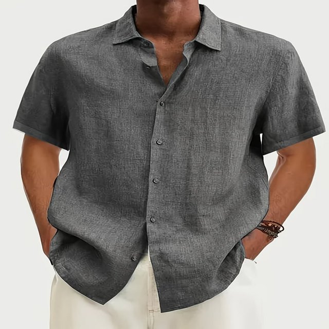 Men‘s Linen Casual Short Sleeve Shirts Button Down Summer Beach Shirt,M Light Blue