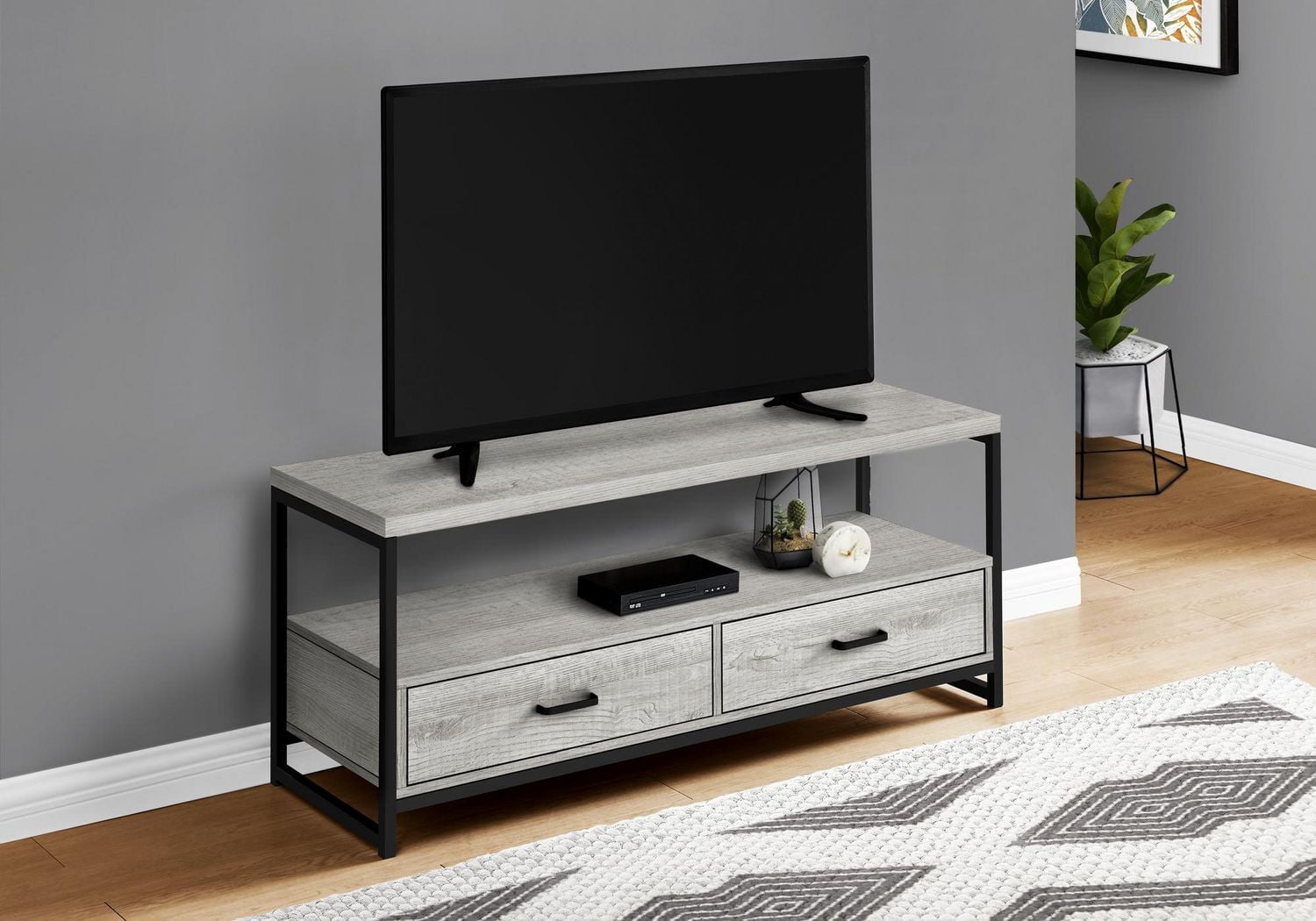 Monarch Specialties Tv Stand, 48 Inch, Console, Media Entertainment Center, Storage Drawers, Living Room, Bedroom, Laminate, Metal, Grey, Black, Contemporary, Modern
