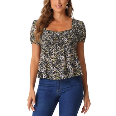 INSPIRE CHIC Women's Peplum Top Short Sleeves Sweetheart Neck Shirred Floral Blouse L Black