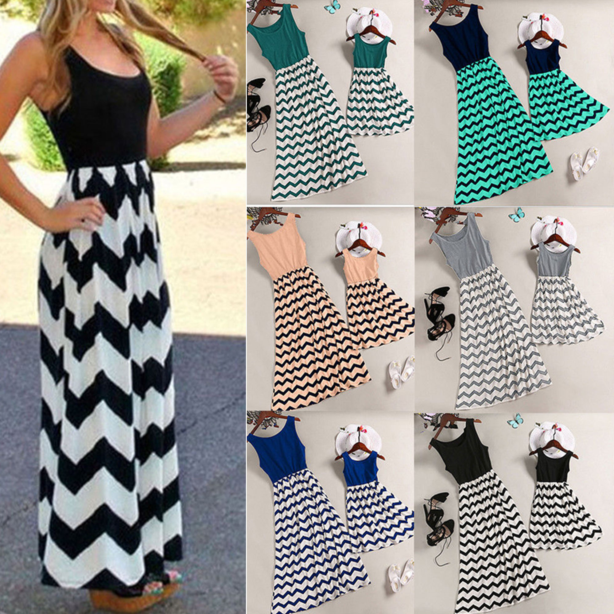 Mother and Daughter Casual Boho Stripe Maxi Dress Mommy and Me Matching Outfits
