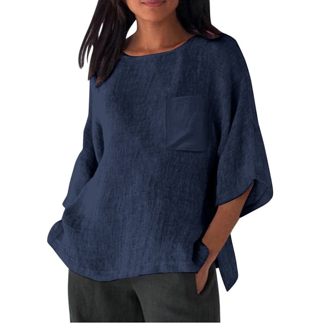 Pisexur Hauts d'Été pour Femmes Mode Chemises en Coton et Lin Décontractées Col Rond Manches 3/4 Chemises pour Femmes Coupe Ample Confort Hauts de Sortie Couleur Unie Blouses d'Automne avec Poches