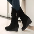 thumbnail image 4 of Penkiiy Bottes d'Hiver Mi-Mollet pour Femme, Style Plissé, Nœud Mignon, Bout Rond, Talon Compensé Caché, Fermeture Éclair, Mollet Grand, Botte Habillée, Tige en Suède, Fermeture Éclair, Talons Compensés, Chaudes, Hiver, Résistantes à l'Usure, Cowboy 41 Noir, 4 of 6